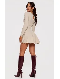 Stone Stretch Woven Boat Neck Long Sleeve Pleated Shift Dress - 1