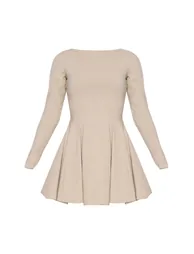 Stone Stretch Woven Boat Neck Long Sleeve Pleated Shift Dress - 4