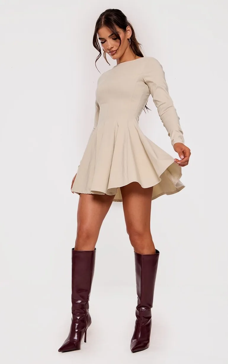 Stone Stretch Woven Boat Neck Long Sleeve Pleated Shift Dress - 5