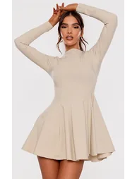 Stone Stretch Woven Boat Neck Long Sleeve Pleated Shift Dress - 3
