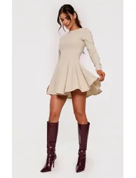 Stone Stretch Woven Boat Neck Long Sleeve Pleated Shift Dress