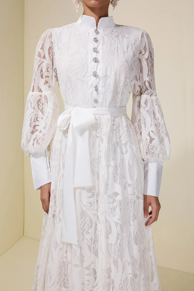 Lace Puff Sleeve Maxi Dress With Belt - 6