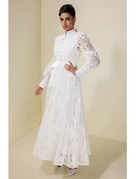 Lace Puff Sleeve Maxi Dress With Belt - 4