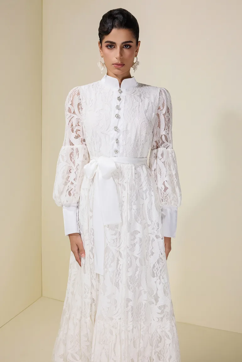 Lace Puff Sleeve Maxi Dress With Belt - 2
