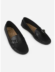Black Buckle Detail Round Toe Loafers - 3
