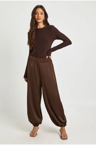 Satin Elasticated Waist Volume Trousers - chocolate