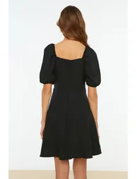 Black Ruched A-Line Midi Skater Dress - 6