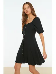 Black Ruched A-Line Midi Skater Dress - 1