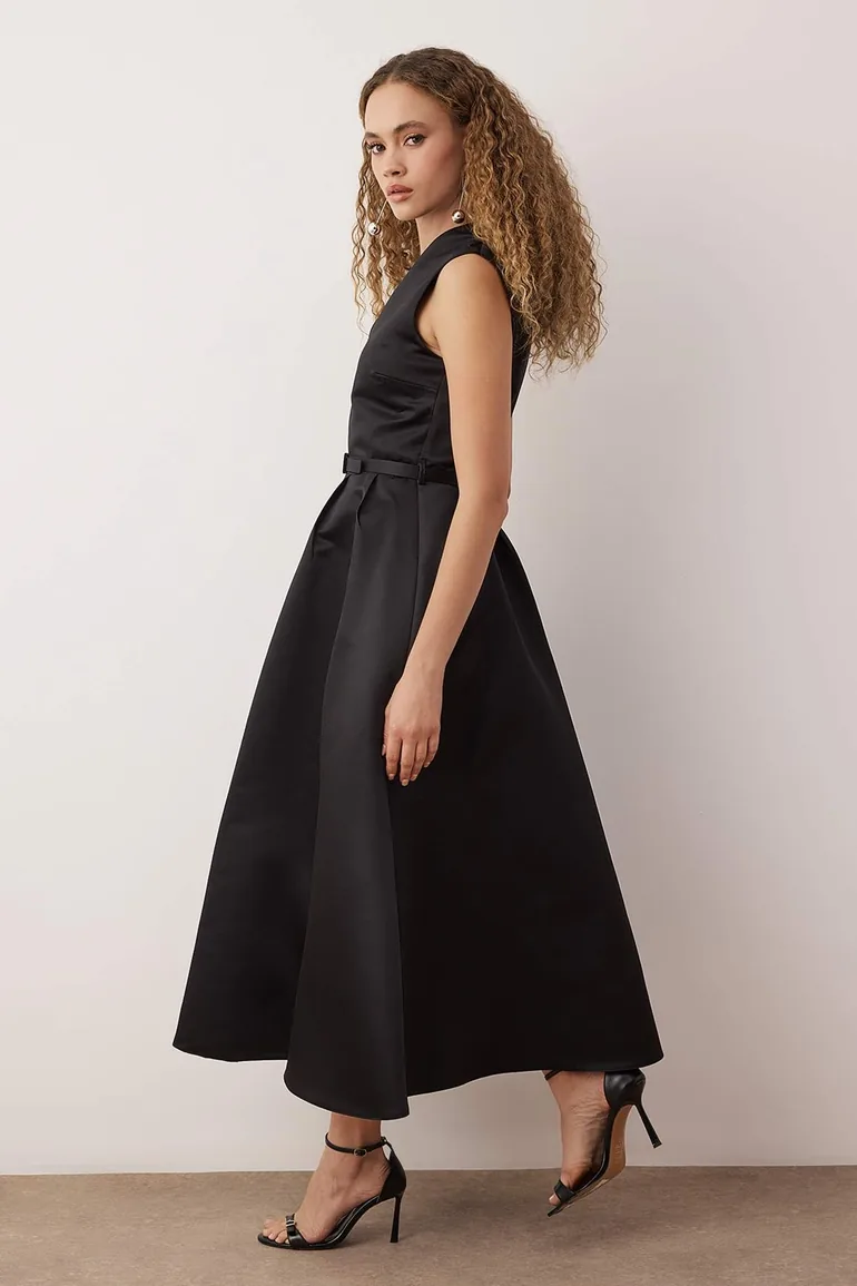 Black Belted Skirt Open from Me Woven Satin Maxi Stylish/Evening Dress - 1