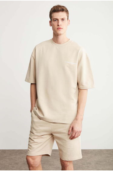 GRIMELANGE COLOMBIA Men’s 2-Piece Set Comfort Fit Relaxed Cut Embroidered Text Non-Padded Beige Tracksuit product thumbnail 2