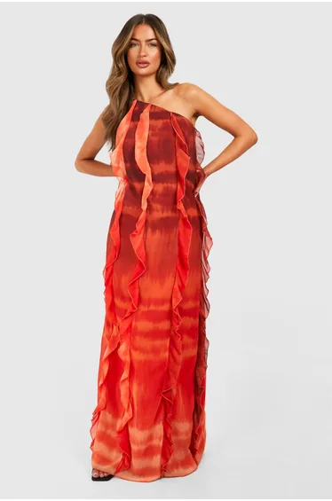 Ombre Print Ruffle Asymmetric Maxi Dress - orange