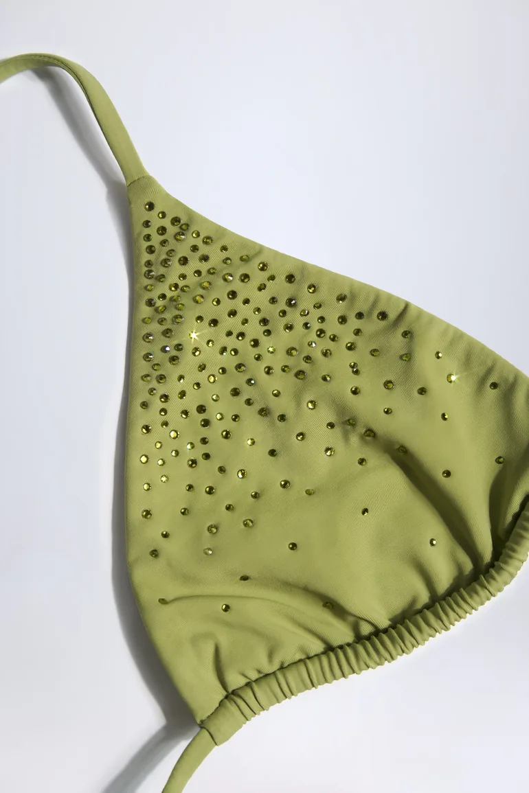 Embellished Triangle Bikini Top in Olive Green - 3