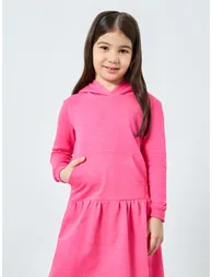 Girls Pink Hooded Dress with Front Pocket - 1