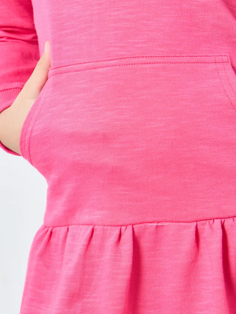 Girls Pink Hooded Dress with Front Pocket - 2