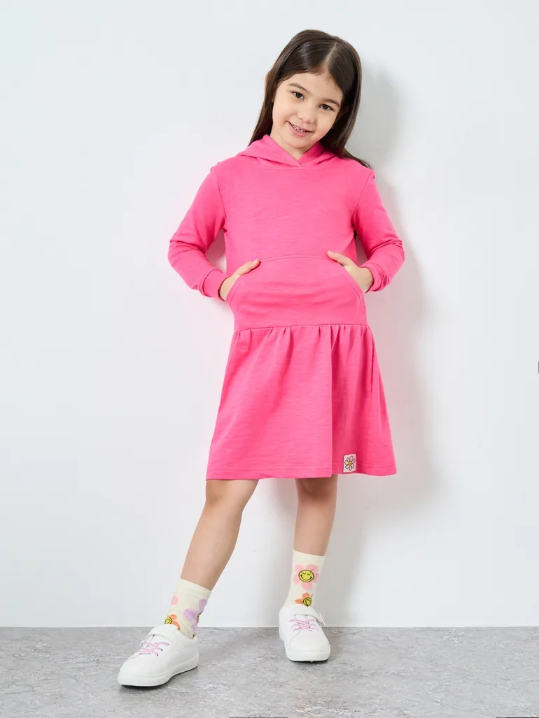 Girls Pink Hooded Dress with Front Pocket