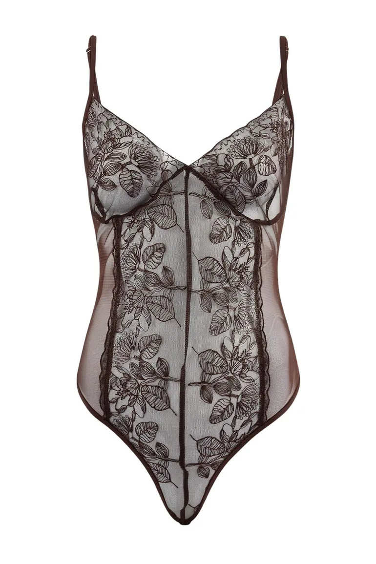 Brown Tulle/Lace Fitted Capless Fancy Bodysuit - 1