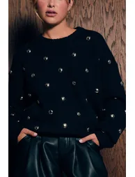 Eyelet Embellishment Oversized Knitted Jumper - black - 3