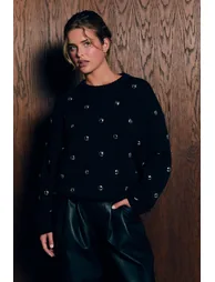 Eyelet Embellishment Oversized Knitted Jumper - black