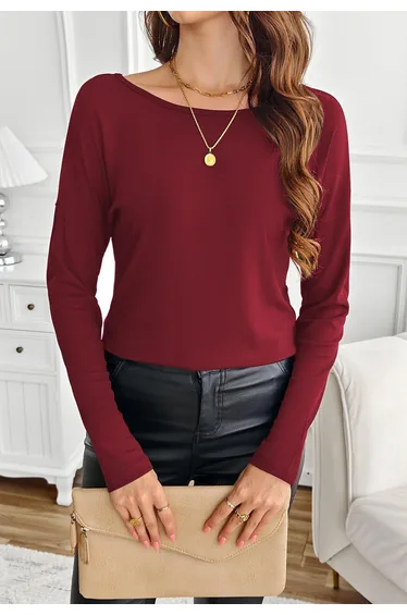 Butterfly Lace Cutout Back Long Sleeve Top in Burgundy