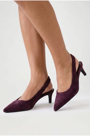 Faux Suede Kitten Heel Slingback Pointed Court Shoes - plum