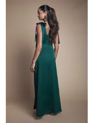 Emerald Satin Tie Shoulder Midi Bridesmaid Dress - 2