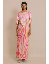 Abstract Print Slip Maxi Dress With Cape