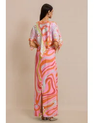 Abstract Print Slip Maxi Dress With Cape - 1