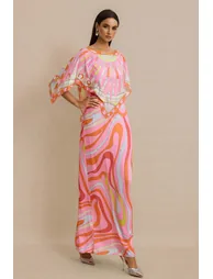 Abstract Print Slip Maxi Dress With Cape - 4
