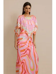 Abstract Print Slip Maxi Dress With Cape - 2