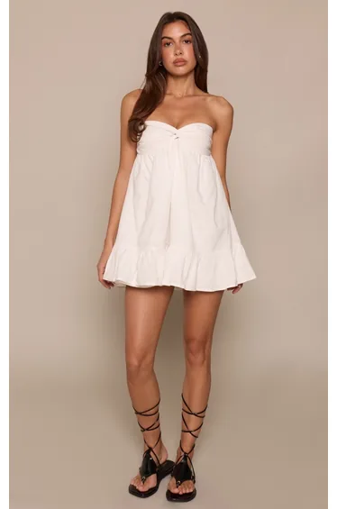 White Linen Look Twist Bandeau Shift Dress