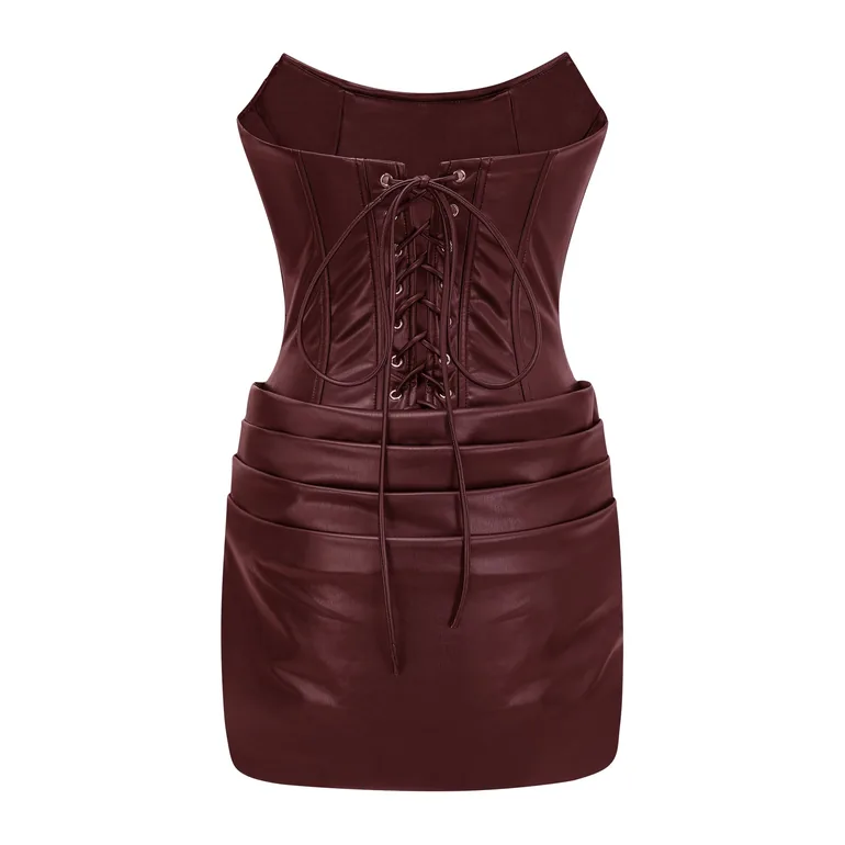 Agnes Brown Ruched Leather Bodycon Mini Dress - 5