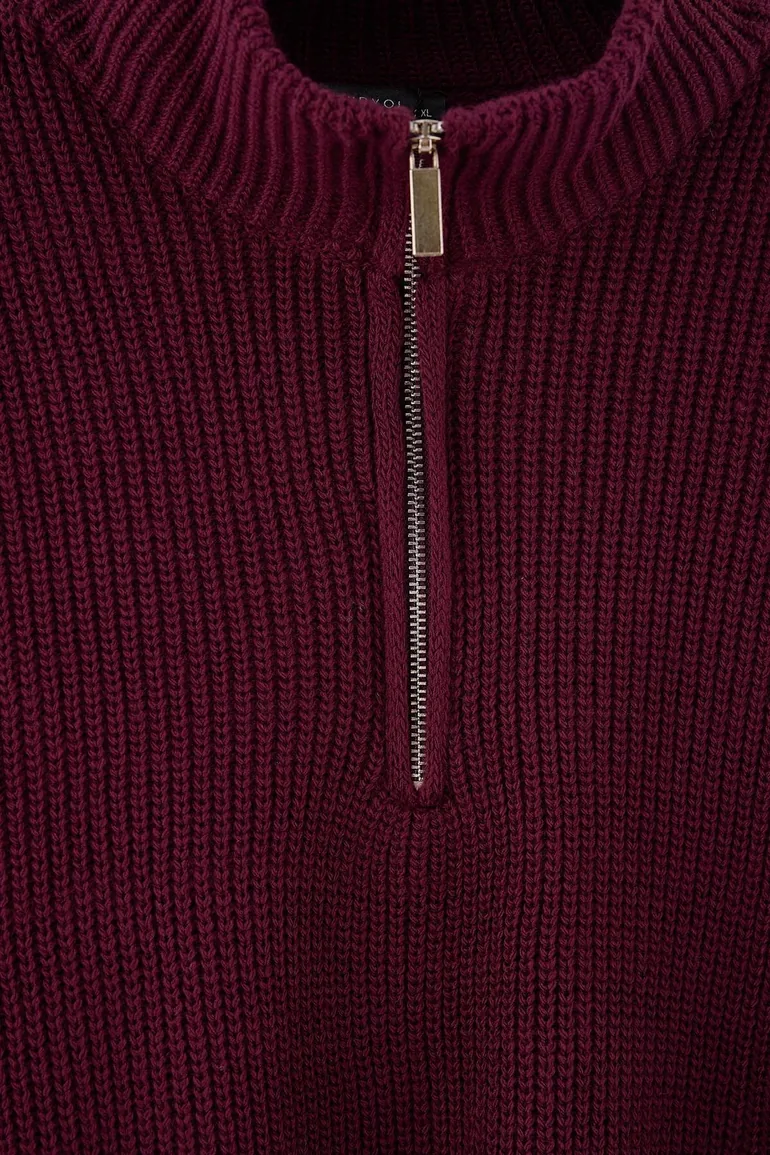 Burgundy Zippered Collar Knitwear Sweater - 5