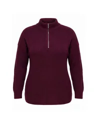 Burgundy Zippered Collar Knitwear Sweater - 4