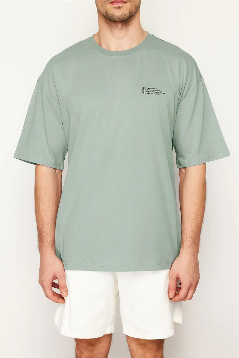 Dark Mint Oversize 100% Cotton Crew Neck Minimal Text Printed Tok Fabric T-Shirt - 3