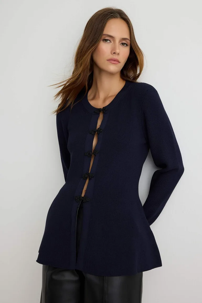 Navy Blue Special Button Peplum Detailed Knitwear Cardigan - 1