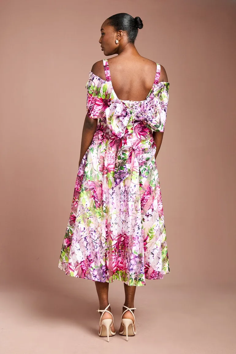Lisa Tan Printed Organza Bardot Midi Dress - 2