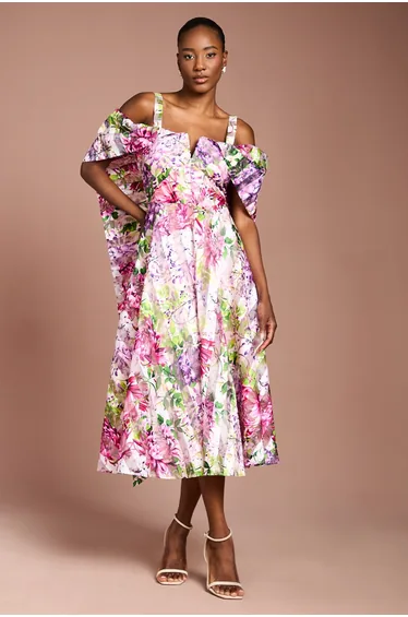 Lisa Tan Printed Organza Bardot Midi Dress