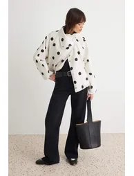 Ecru Oversize Polka Dot Stand Collar Seasonal Jacket Coat