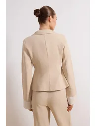 Beige Striped Lining Detailed Woven Linen Look Blazer Jacket - 3