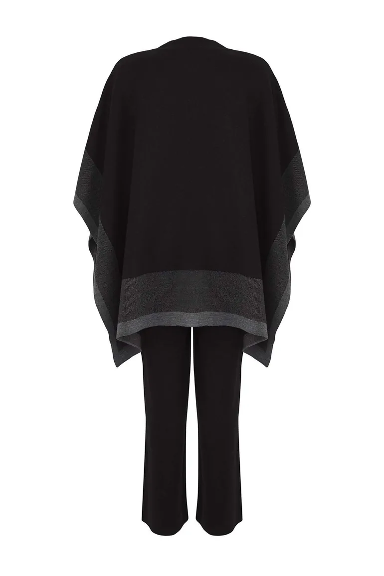 Black Color Block Knitwear Poncho Trousers Top-Bottom Set - 1