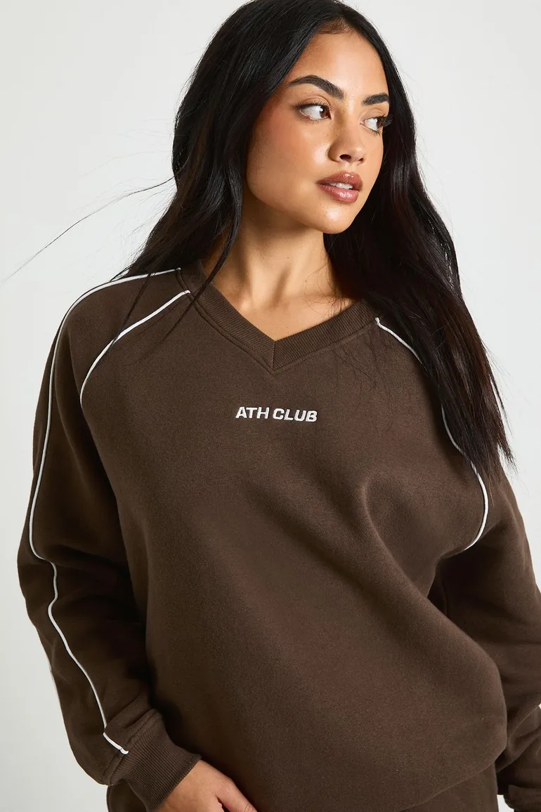 Ath Club Embroidered V Neck Piping Sweatshirt Tracksuit - chocolate - 3