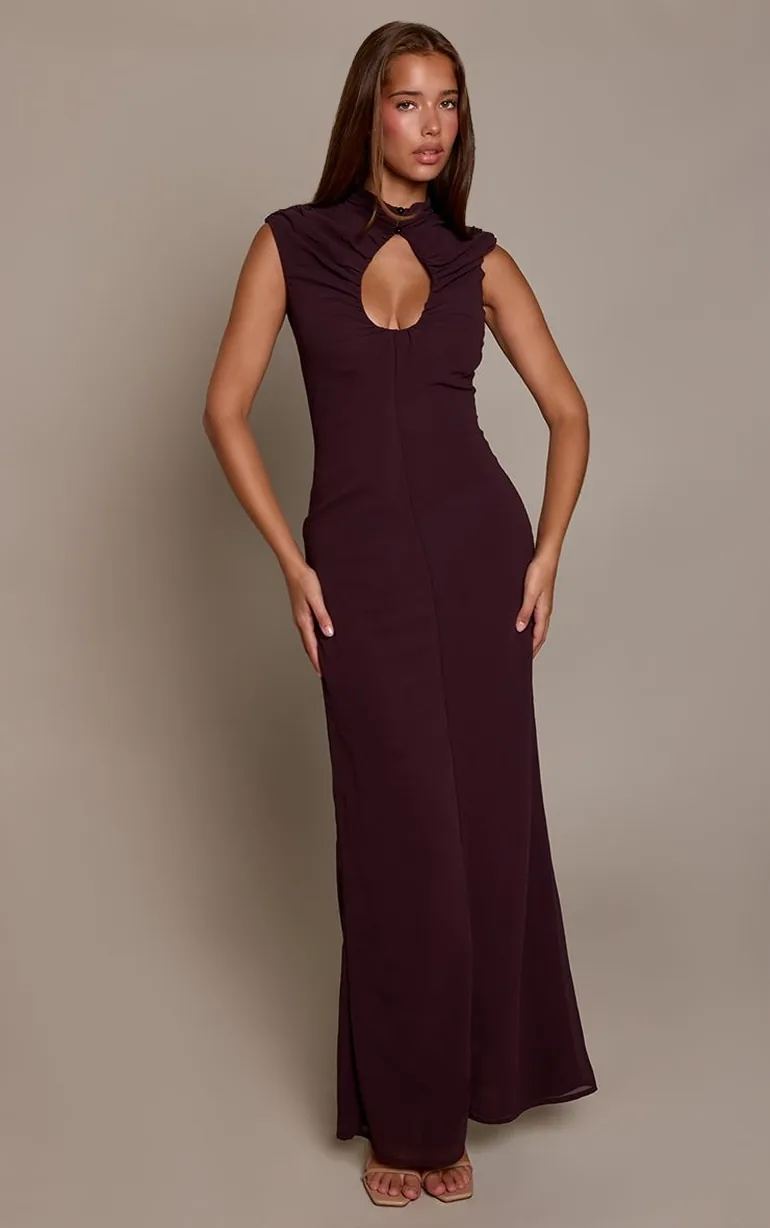 Brown Chiffon Ruched Keyhole Sleeveless Maxi Dress