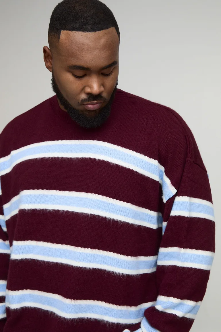 Plus Contrast Stripe Brushed Knit Oversized Jumper - burgundy - 2