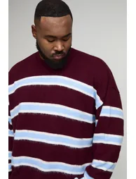 Plus Contrast Stripe Brushed Knit Oversized Jumper - burgundy - 2