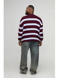 Plus Contrast Stripe Brushed Knit Oversized Jumper - burgundy - 1