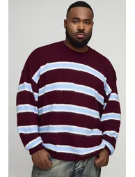 Plus Contrast Stripe Brushed Knit Oversized Jumper - burgundy