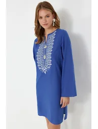 Blue Mini Woven Embroidered 100% Cotton Beach Dress - 4