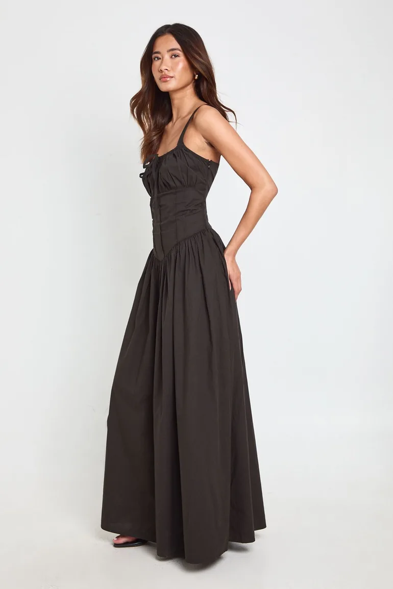 Cotton Poplin Milkmaid Maxi Dress - black