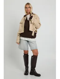 Belted Short Trench - stone - 2
