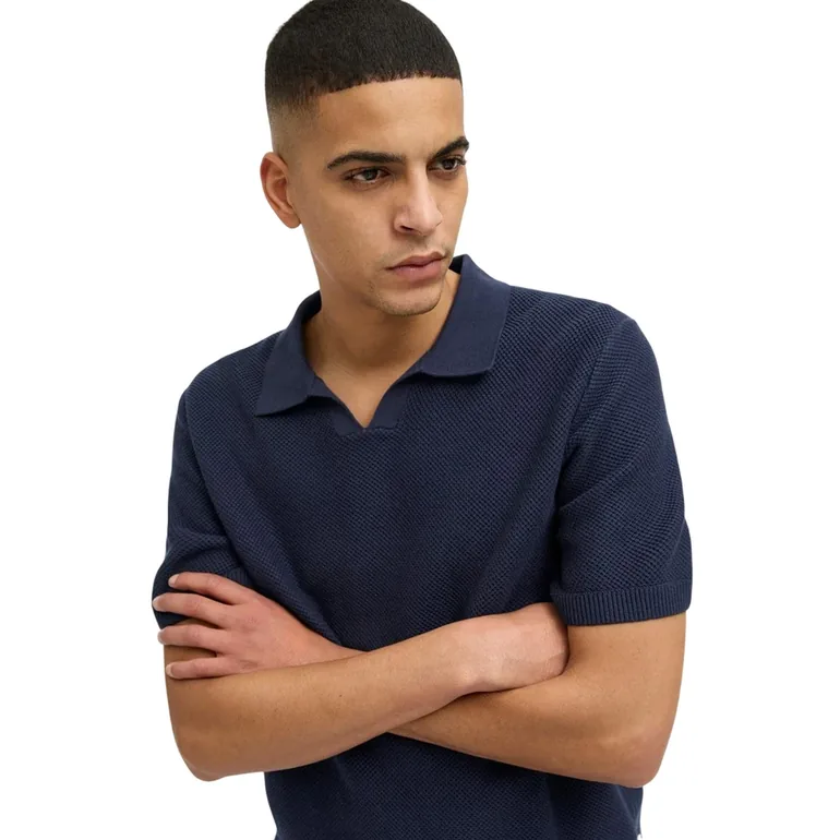 Jack And Jones Mens Knitted Split Neck Polo Shirt - Night Sky - 1